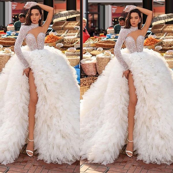 Precioso Vestido De Novia De tul blanco, Vestido De Novia De corte A con un hombro al descubierto, Vestido Sexy con abertura larga, Vestido De Novia