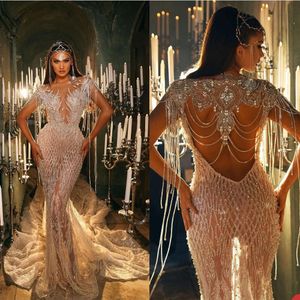 Prachtige vrouwen kralen Tassel Evening Jurken African Illusion Mermaid Prom Party Jurken Glanzende Backless Crystal Celebrity Dress