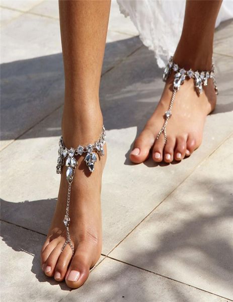 Magnifique Chaîne de pied Foot Barefoot Sandals Beaucoup Bijoux de mariage Bijoux de mariage avec anneau de goutte à eau en cristal complet 1 paire1616603