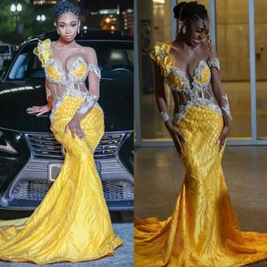 Prachtige gele zeemeermin prom -jurk voor zwarte vrouwen kralen lieverd avondjurken elegante illusie lange mouwen Afrikaanse formele jurken voor vrouwen