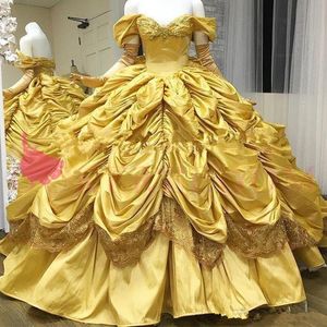 Prachtige Gele Quinceanera Jurken Off The Shoulder Princess Taffeta Gothic Ball Toga Ruffles Rok Sweet 16 18 Prom Dresses Custom