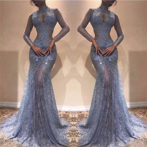Prachtige Zuhair Murad Volle Lace Evening High Neck Mermaid Illusion Lange mouwen Zagen door prom -jurken lavendel feestjurk