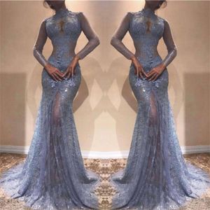 Prachtige Zuhair Murad Volle Lace Evening High Neck Mermaid Illusion Lange mouwen Zagen door prom -jurken lavendel feestjurk