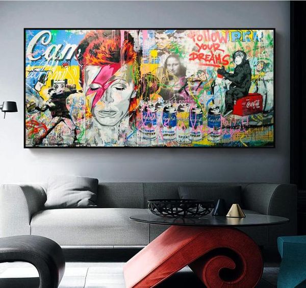 Gorilla Mona Lisa-pintura en lienzo de grafiti mixto, carteles e impresiones artísticos de pared, arte de pared para sala de estar, decoración del hogar, sin marco5456345