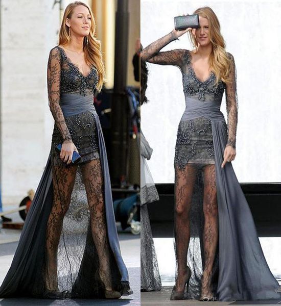 Gossip Girl Blake Lively fashion Zuhair Murad Vestidos de baile Mangas largas grises Vestidos de noche con cuentas de encaje completo Vestidos de celebridades 8572193