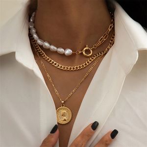 Goth Barokke Pearl Coin Portret Hanger voor vrouwen Vintage Multi Layer Link Chain Necklace Punk Aesthetic Sieraden 220727