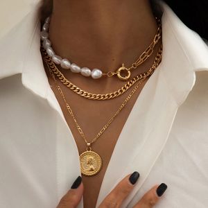 Goth Baroque perle pièce Portrait pendentif collier pour femmes Vintage multicouche lien chaîne collier Punk esthétique bijoux 2022