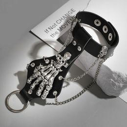 Goth Black Pu Leather Skull Dinger Chaînes Rings Bracelet