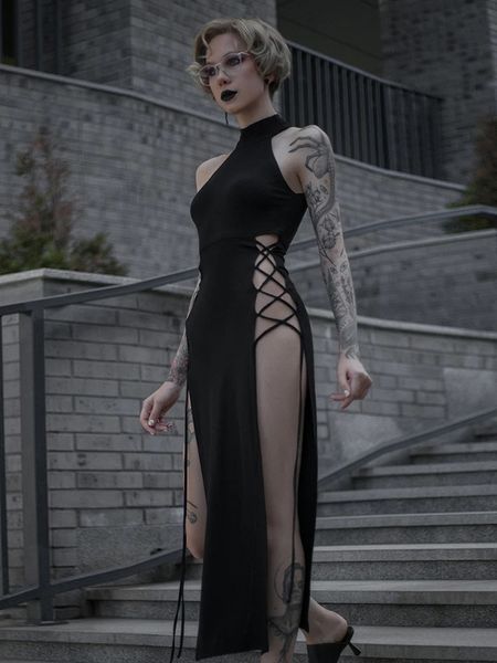 Goth Dark Cosplay High Split Sexy Bandage Femmes Robes Y2K Mall Gothic licou midi midi