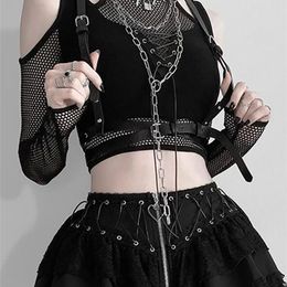 Goth Dark Fishnet Uitgesneden Vrouwen Sexy Halter T-shirts Mall Gothic Grunge Zwarte Bandage Crop Tops Punk Open Schouder Alt Kleding 220812