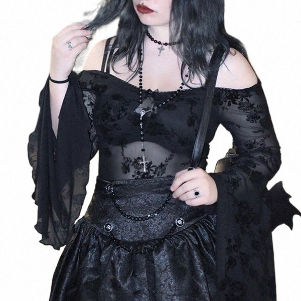 Goth Dark Flocage Mesh Mall Gothic Femmes Bodys Grunge Punk Sheer Sexy Skinny T-shirts Élégant Hors Épaule Emo Alt Vêtements 538a #