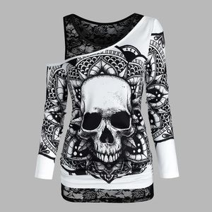 Goth Dark Halloween Streetwear Tops Femmes Dentelle Sexy TShirt 2PCS Ensemble Gothique Esthétique Crânes Imprimé Manches Longues Col Rond Top 240123