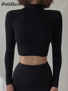 Goth Dark gebreide Gotisch Casual Black T Shirts Gray Long Sleeve Bodycon Turtleneck Blue Crop Tops Women Herfst Winter Kleding 220714