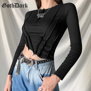 Goth Dark Plooited Gothic White of Black T-shirts Lange mouw Chique Onregelmatige zoom Crewneck Crop Tops voor Dames Herfst Fashion Tops Y0629