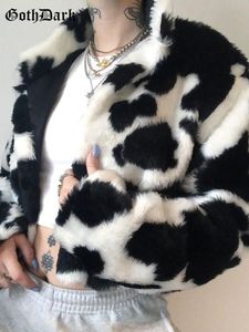 Goth Dark Punk Style Gothic Crop Faux Fur Y2K Coats Mode Kleurblok Women Long Sleeve vrouwen Cardigan Jackets Warm Streetwear 230112