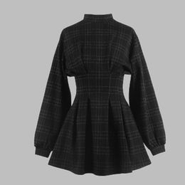 Goth Dress Gothique Harajuku Vintage Plaid Wrap Balck Mini Dress Rétro Plissée Punk À Manches Longues Foncé Emo Esthétique