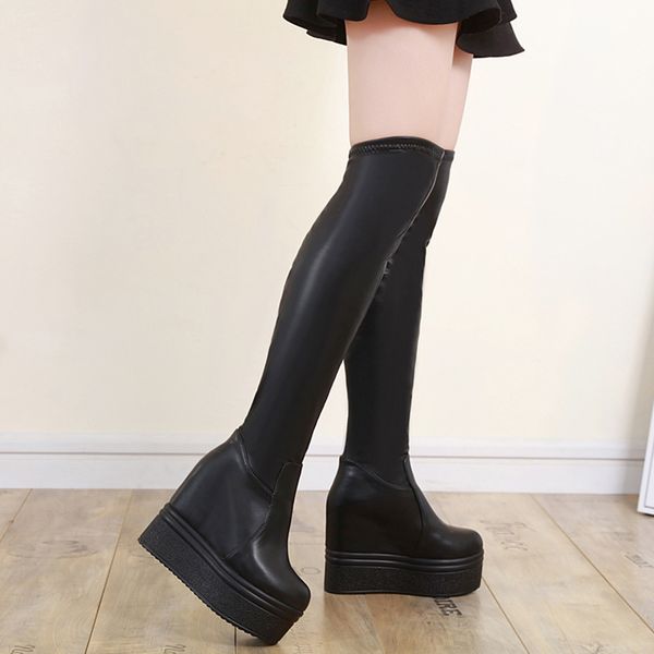 Goth filles plate-forme compensées grosses femmes noires sur les bottes au genou mode haute qualité confortable talon épais dames bottes