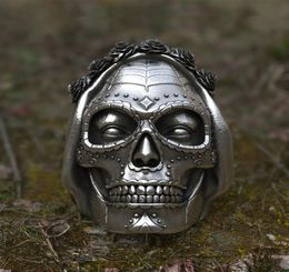 Goth Santa Muerte Ring Rose Crown Sugar Skull Roestvrij staalringen Dames Punk Biker Sieraden Uniek geschenk2184849