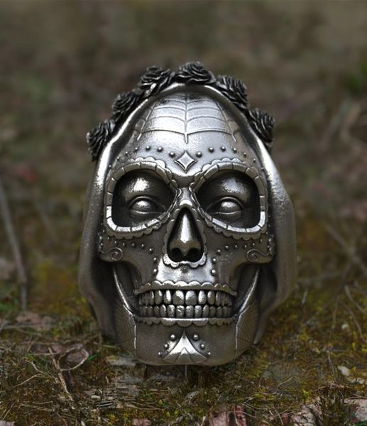 Goth Santa Muerte Ring Rose Crown Skull Skull en acier inoxydable Anneaux Bijoux Punk Biker Gift6397895