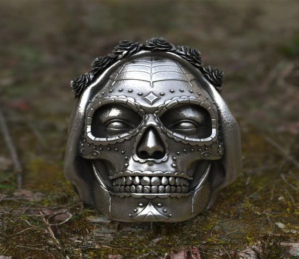 Goth Santa Muerte anneau Rose couronne sucre crâne anneaux en acier inoxydable femmes Punk Biker bijoux Unique Gift8181574