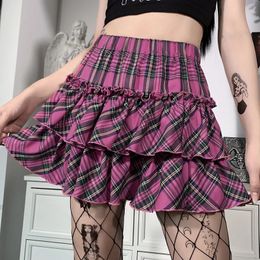 Jupe gothique à carreaux pour jeunes filles, Style collège japonais, taille haute, Slim, Lolita Cosplay Y2k, rose, 240112