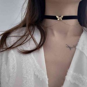 Goth – colliers Vintage papillon en velours noir, Double chaîne, clavicule, ras du cou pour femmes, accessoires esthétiques de fête Egirl
