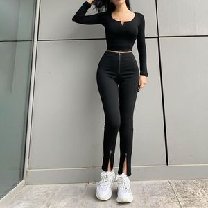 Goth vrouwen sexy hoge taille zwart solide gespleten slanke broek zomer mode straat stright broek nacht clubwear 210517
