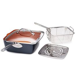 6 Quart XL Anti-aanbak Koper Diep Vierkant Alles in één 6 Qt Braadpan Chef's Pan Stock Pot - 4-delige set, inclusief frituurmand