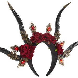 Couronne gothique antilope à longues cornes, rétro, cristal rouge, Rose, coiffure d'halloween, Vintage, décor de bandeau de fête