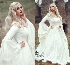 Gotische bal renaissance kanten jurk trouwjurken met mantel plus size vintage bell lange mouw keltische middeleeuwse middeleeuwse prinses bruidsjurken Vestidos de novia al9090 s