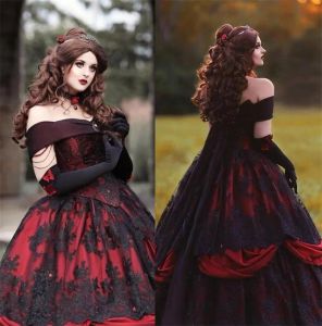 Gothic Belle Rood Zwart Luxe Fantasie Trouwjurken Jurk Blootgesteld Uitbenen Korset Kant Applique Kralen Victoriaanse Maskerade