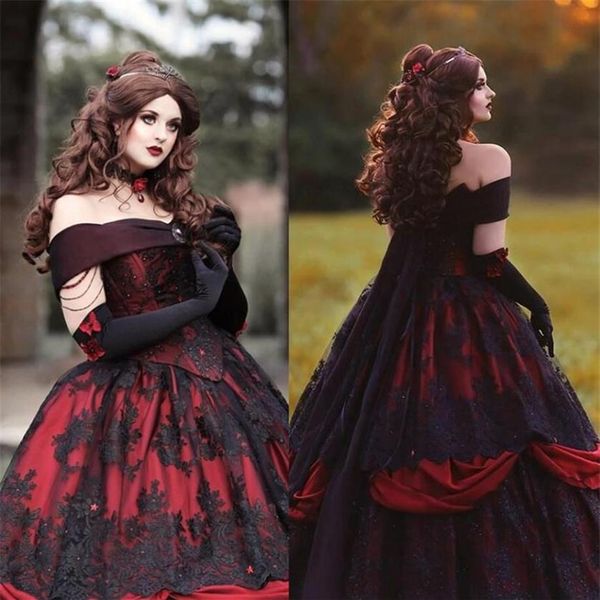 Gothique Belle rouge noir haut de gamme fantaisie robes de mariée robe dentelle appliques exposée désossage corset dentelle appliques perles victorienne ma286d