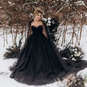 Gothic Black A-Line trouwjurken 3D Bloemen applique cape tule mouwen sweetheart nek lange trein satijnen bruidsjurken terug vat plus size vintage bruid jurk