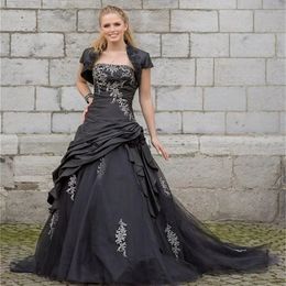 Gothique noir une ligne robes de mariée avec veste courte froncé satin longues robes de mariée dentelle appliques drapé dos à lacets corset robe de mariée vintage château robe 2024