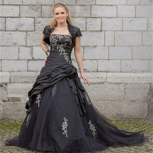 Gothique noir une ligne robes de mariée avec veste courte froncé satin longues robes de mariée dentelle appliques drapé dos à lacets corset robe de mariée vintage château robe 2024