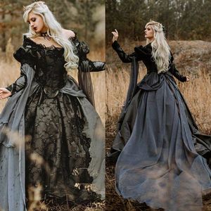 Gothique noir et gris robe de bal robes de mariée dentelle appliques bouffée à manches longues pays jardin Vintage victorien robes de mariée robe de mascarade de mariée 2022