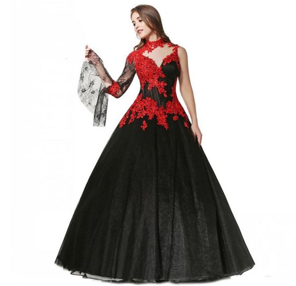 Vestidos de novia góticos en negro y rojo 2019 Nuevo diseño Hasta el suelo Cuentas Apliques ALine Una manga Cuello alto Encaje Tul Novia Gow2323726