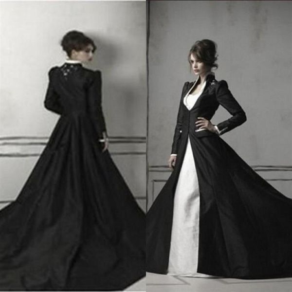 Robes de mariée sirène gothique noir et blanc avec manteau à manches longues chérie trompette chapelle train robes de mariée en satin et dentelle 177A