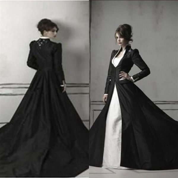 Robes de mariée sirène gothique noir et blanc avec manteau à manches longues chérie trompette train chapelle robes de mariée en satin et dentelle 303I