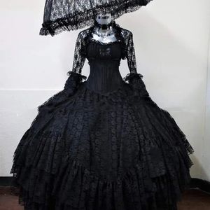 Robes de mariée gothiques noires en dentelle Corset Robes de mariée victoriennes avec manches longues Wrap Longueur de plancher Vintage Femmes Robe de mascarade