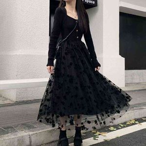 Gothic Black Dress Dames Casual Vintage Gebreide Midi Jurk Party Elegante 2021 Winter Y2K One Piece Jurk Koreaanse Mode Uitloper G220414