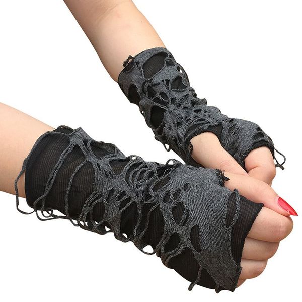 Gothique noir sans doigts longs gants Punk trou demi-doigt gants chauffe-bras mendiant Cosplay Halloween accessoires de déguisement