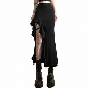 Gothique Noir Taille Haute Bodyc Mi Jupe E-Girl Punk Volants Split A-ligne Jupes Y2K Fi Femmes Streetwear Bas M3uj #