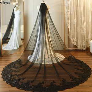 Gothic Zwart Kant Appliqué Randen Moslim Bruiloft Sluiers Voor Bruid Prachtige Pailletten Kralen Lange Bruidssluier Bruiloft Haaraccessoires Met Kam Een Laag 3m CL2554