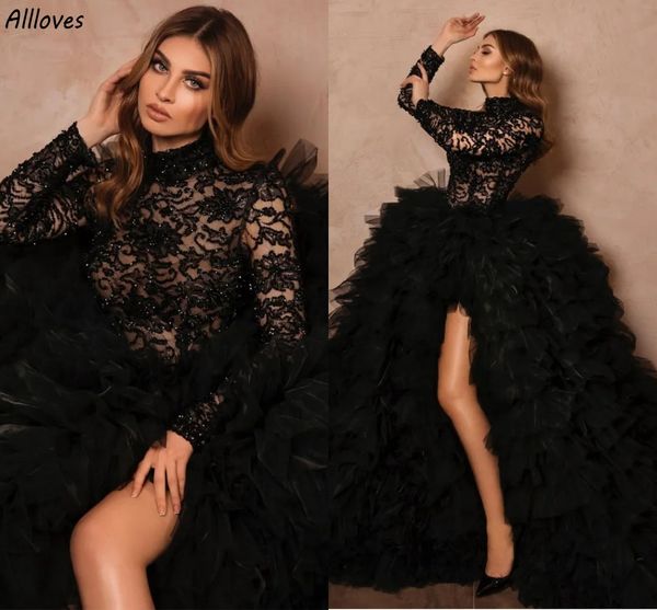 Vestido de fiesta de encaje negro gótico Vestidos de fiesta de gala rojos Cuello alto Lentejuelas de manga larga Vestidos de fiesta de noche Árabe de Dubai Volantes con abertura alta Ropa para ocasiones formales sexy CL2835