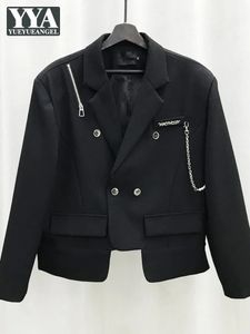 Gothic Black Men Suit Jakcet Chaîne de mode Zip Designer Blazers Loose Style coréen Casual Long Street High Street Men Short Coat 240401