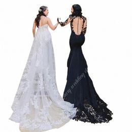 Gothic Black Mermaid Wedding Dres 2023 Sexy Backl Bruidsjurken Lace Applique Tulle Vintage Romantische vestidos de novia gewaad M3KM #