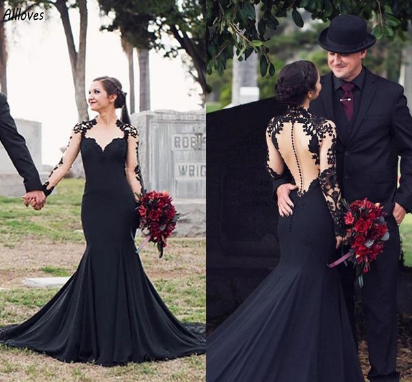 Vestidos de novia de sirena negros góticos Apliques de encaje con forma de corazón Vestidos de novia vintage Mangas largas Ilusión Botones traseros Tren de la corte Mujeres Robes de Mariee CL3374