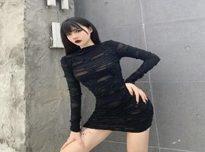 Gothic Black Mini Dress Streetwear Rock Punk Hollow Retro High Taie Long Manye Bodycon Party Robes2822569