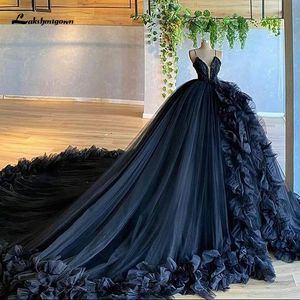 Jupe gonflée noire gothique robes de mariée col en V Halloween robe de noël bretelles spaghetti tulle avec robe de mariée fleur 3D